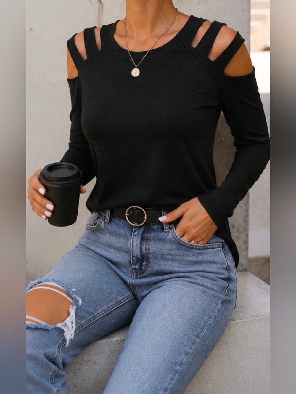 YOINS Black Strappy Cold Shoulder Long Sleeve Top Size S